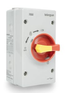 Interrupteur-sectionneur F1 2 x 800V-32A/1000V-16A/1200V-13A (DC-PV1). Dans un boîtier en plastique rouge/jaune avec cadenas